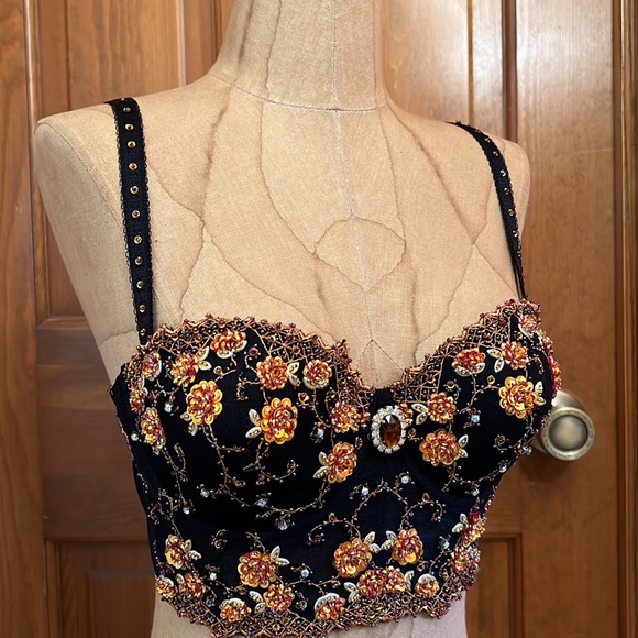 NWT Marciano Black & Orange Rhinestone, gem, & bead bra 36C
